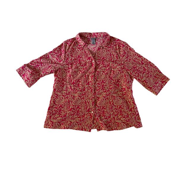 Catherines Pink Floral Button Up Top Plus Sz 1X Comfort - Picture 1 of 7